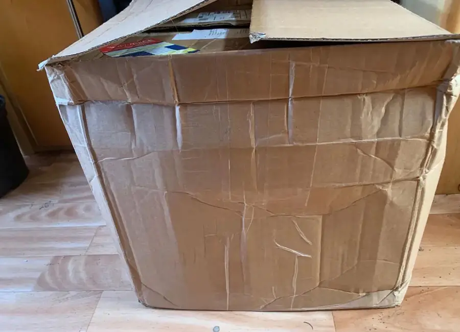 Damaged parcel box showing squashed corners during tracked delivery of mushroom spores in the UK