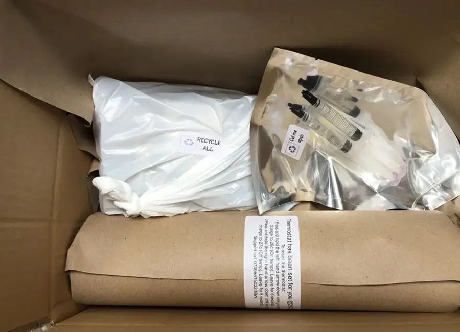Complete mushroom growing kit, heat mat, and spore syringes safely packed for fast UK delivery and tracked international dispatch of mushroom spores.