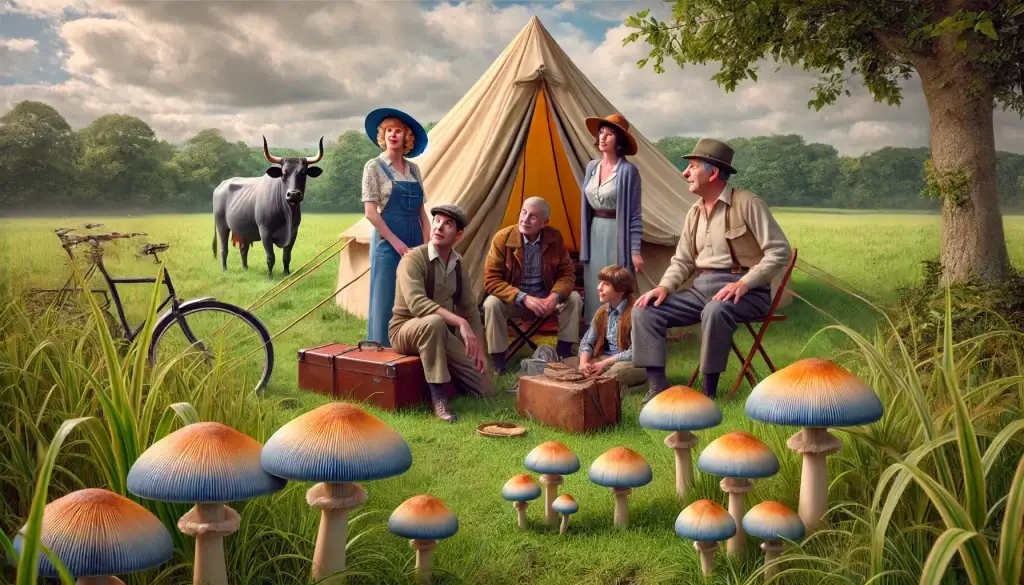 A colorful scene depicting a British family camping in a field, with Liberty Cap mushrooms (Psilocybe semilanceata) prominently displayed in the foreground. A curious bull stands near their vintage canvas tent, evoking a playful and nostalgic atmosphere.