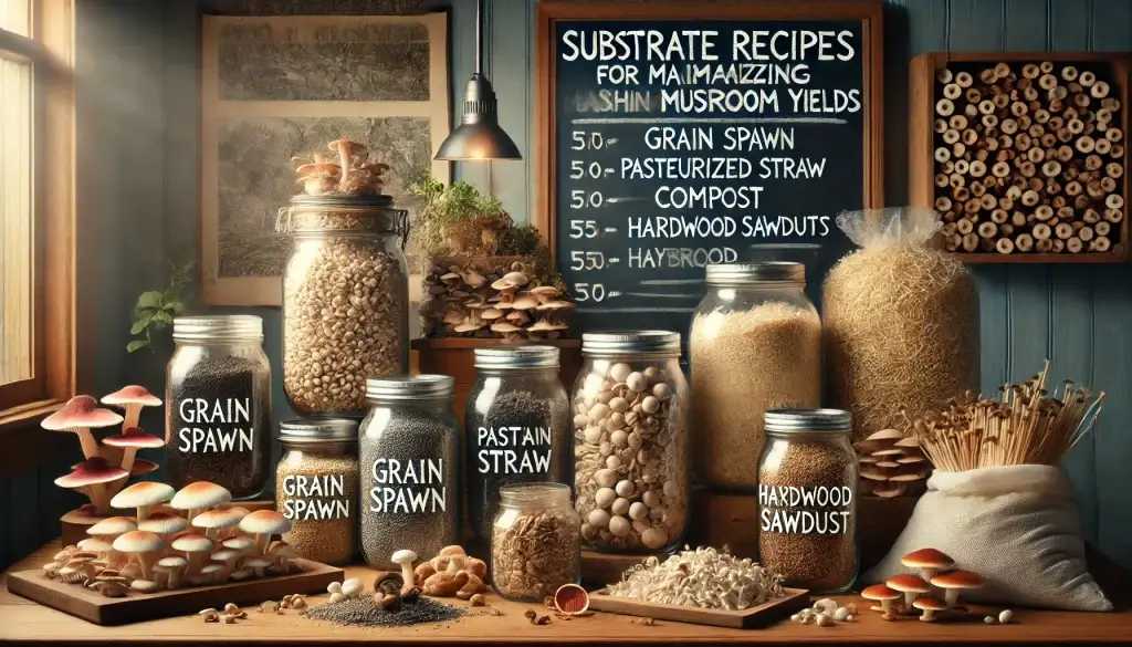 A detailed visual guide on how to make mushroom substrate using grain spawn, pasteurised straw, compost, and hardwood sawdust.