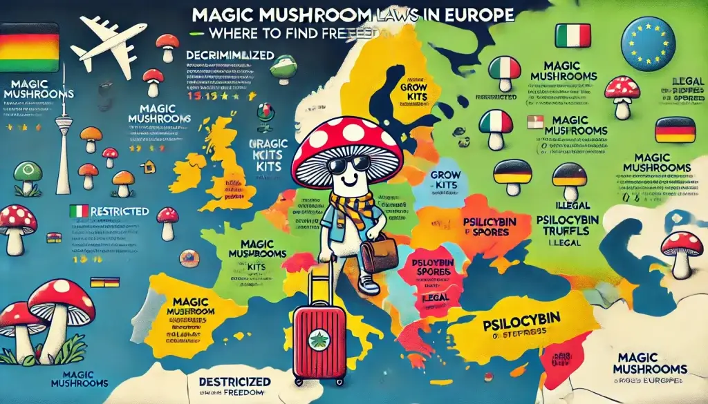A colorful map of Europe illustrating "magic mushroom laws Europe," highlighting regions with different legal statuses for magic mushrooms, grow kits, and psilocybin spores.