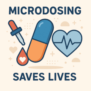 How to microdose mushrooms, Microdosing for anxiety and depression, picture promoting health benefits of microdosing magic mushrooms. Features a blue and orange capsule, a heart symbol with a heartbeat line, a dropper, and a heart-filled droplet. Text reads 'Microdosing Saves Lives,' reflecting the growing awareness of how to microdose mushrooms for mental health. Emphasizes the benefits of microdosing psilocybin and encourages developing a psilocybin microdosing schedule.