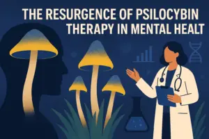 Illustration of a doctor and glowing magic mushrooms symbolizing the resurgence of psilocybin therapy, microdosing psychedelics, and discussion around the legal status of psychedelics.