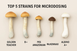 Five psilocybin mushroom strains—Golden Teacher, B+, PES Amazonian, McKennaii, and Albino A+—displayed on a neutral background for a microdosing guide.