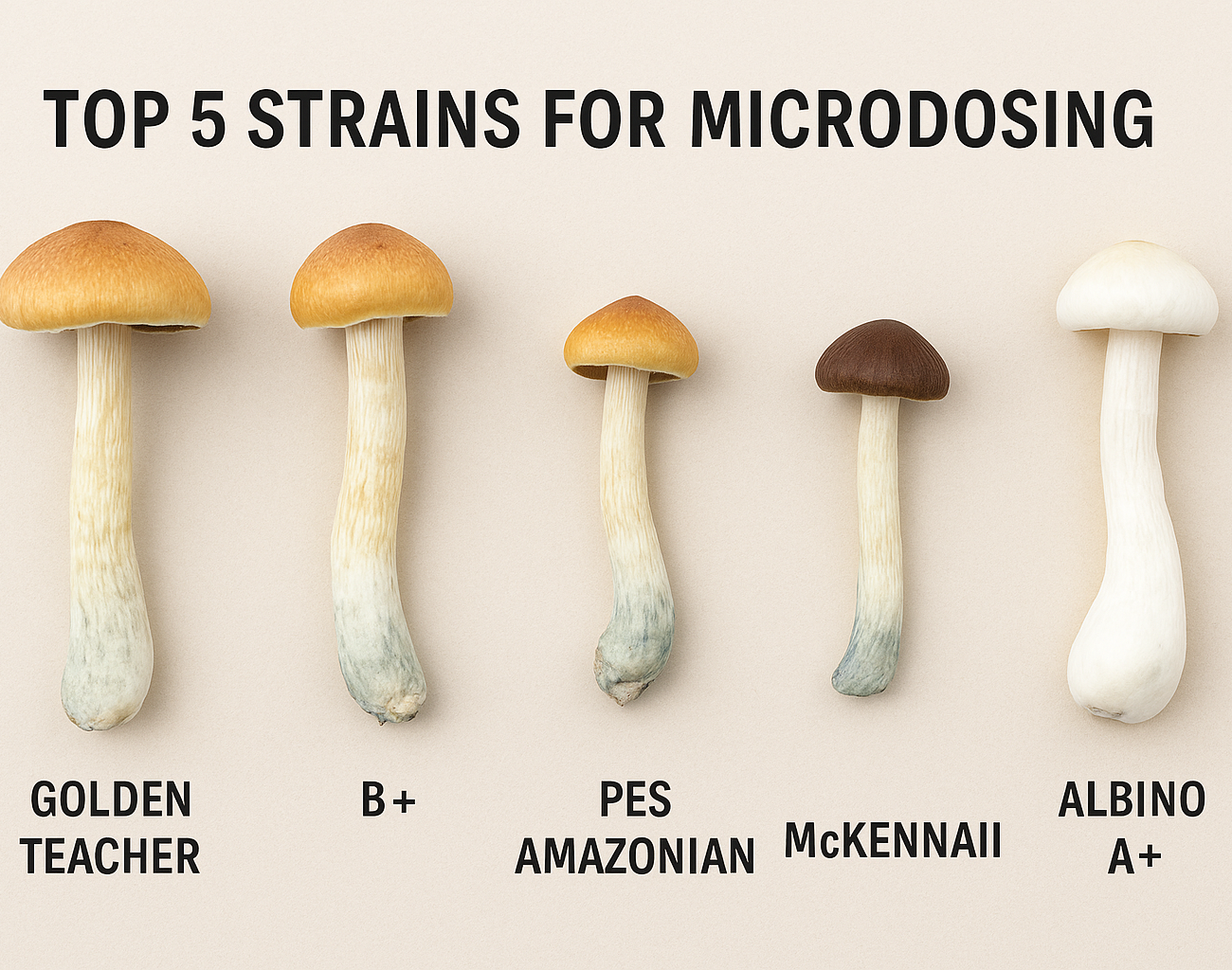 Five psilocybin mushroom strains—Golden Teacher, B+, PES Amazonian, McKennaii, and Albino A+—displayed on a neutral background for a microdosing guide.