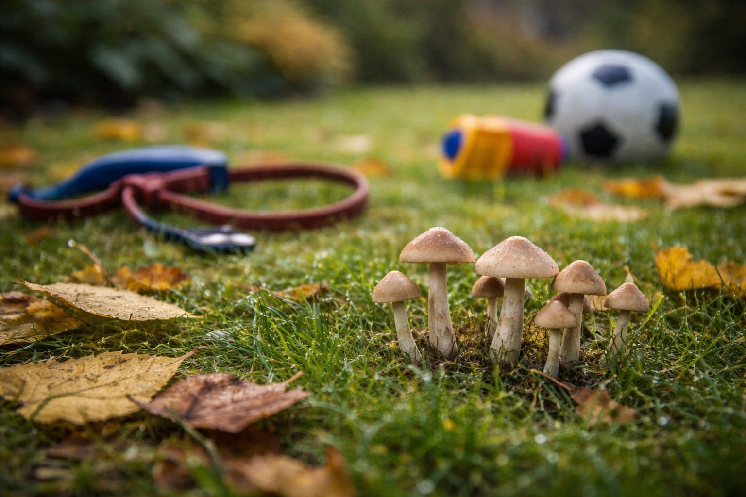 autumn wild mushrooms growing in wet grass in a UK garden or park with a dog lead, football, and children’s toy blurred in the background