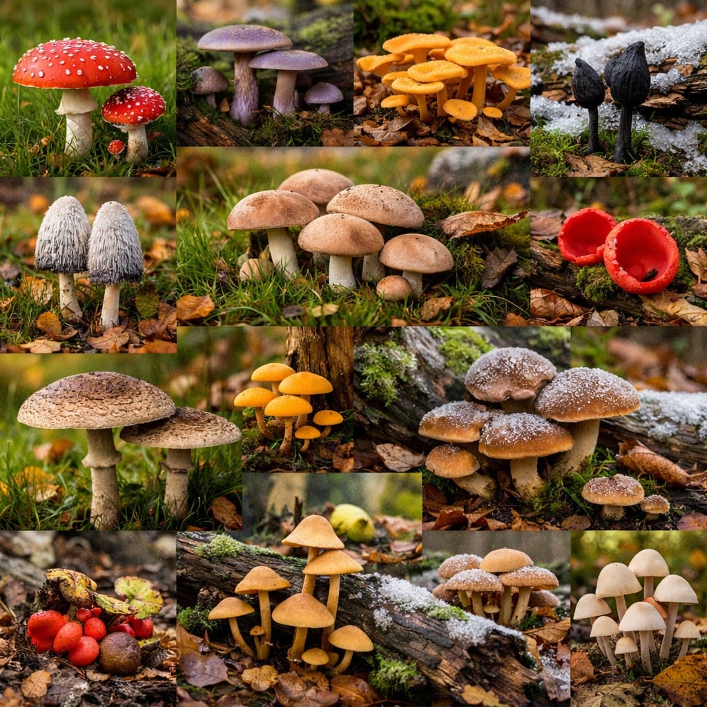 Collage of common UK mushrooms found in grassland, woodland and on dead wood across different seasons