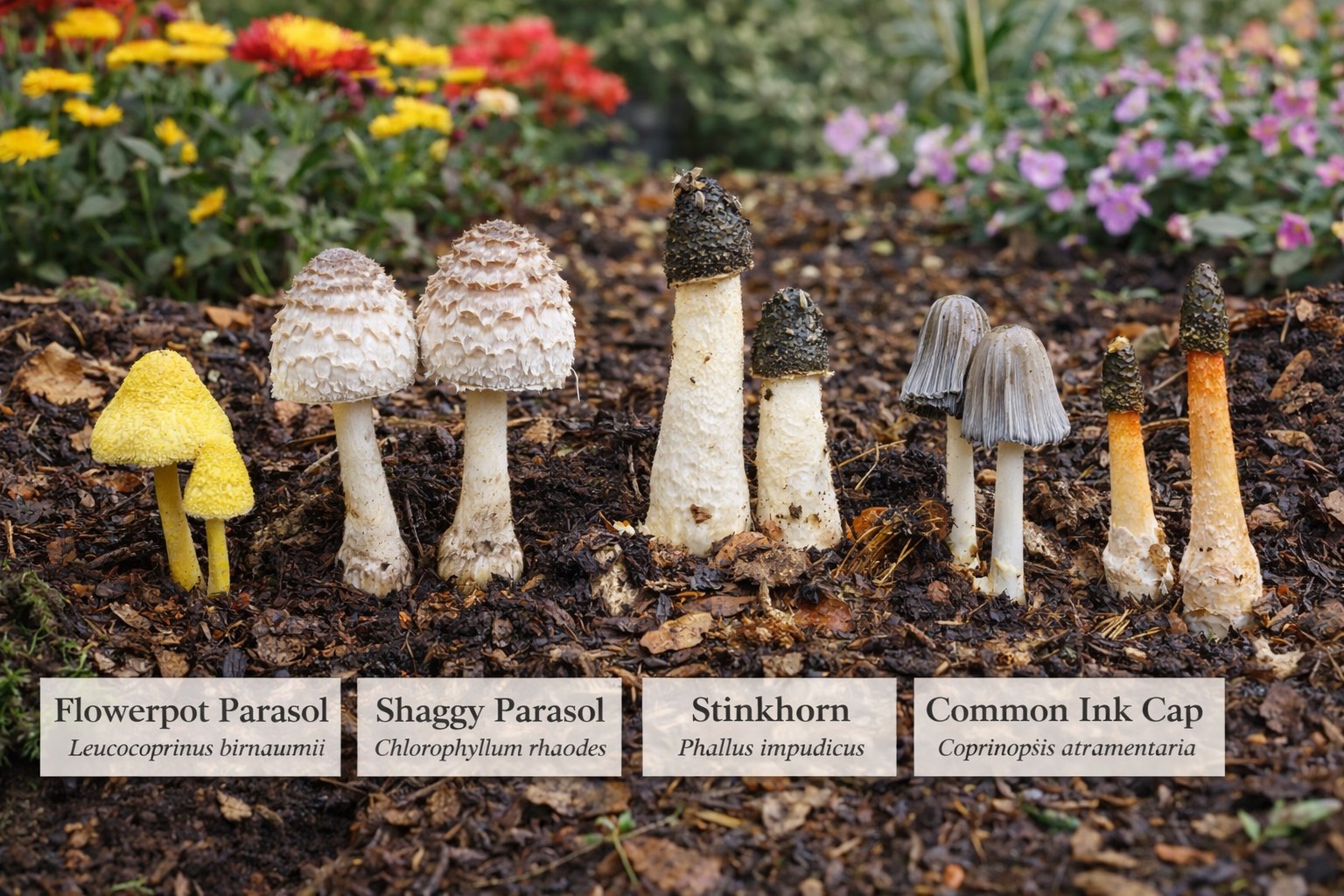 Common mushrooms and bracket fungi growing on logs, dead wood and stumps in the UK