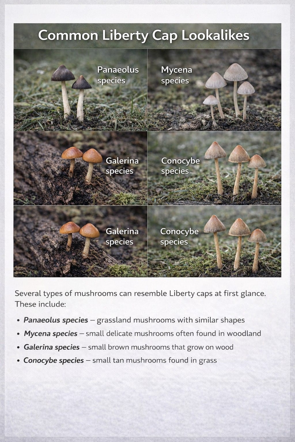 comparison poster showing common liberty cap lookalikes including Panaeolus, Mycena, Galerina, and Conocybe species