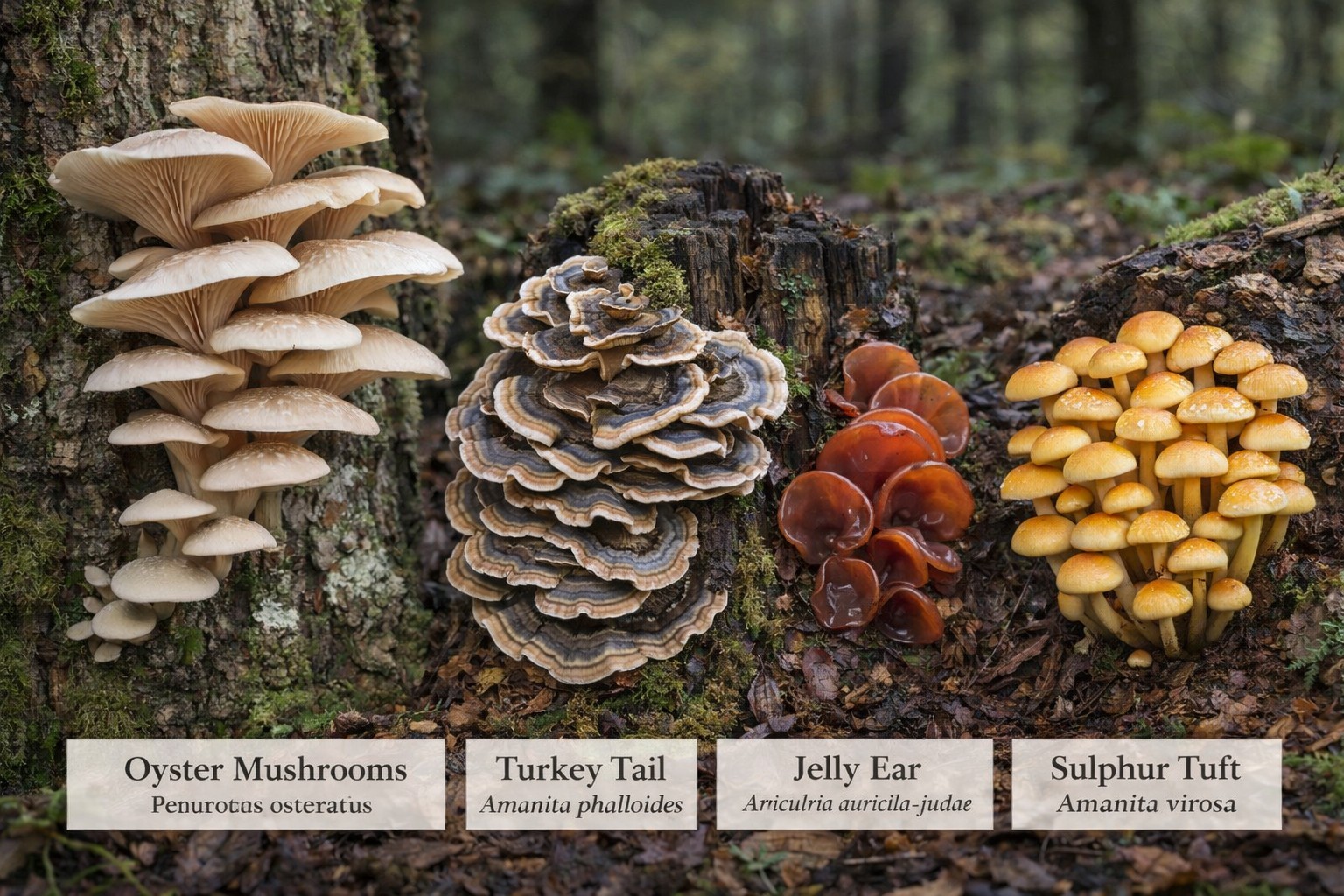Common mushrooms and bracket fungi growing on logs, dead wood and stumps in the UK