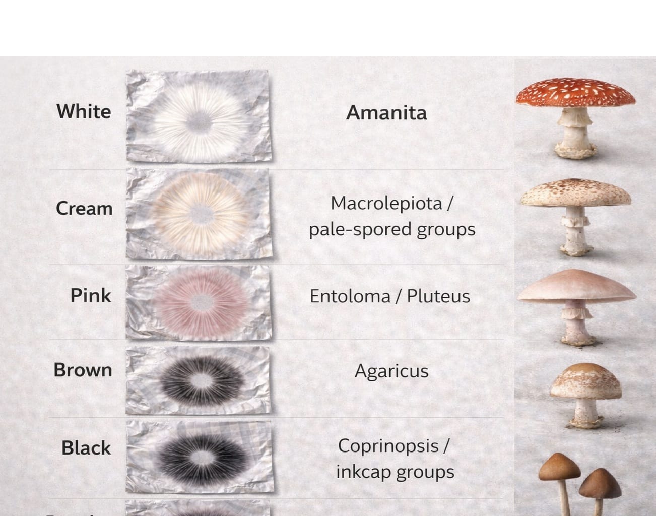 comparison of mushroom spore print colours and corresponding mushroom species including Amanita, Macrolepiota, Entoloma, Agaricus, Coprinopsis, and Psilocybe