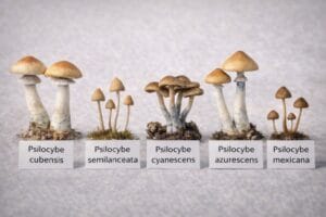 comparison photo of five psilocybin mushroom types with name tags including Psilocybe cubensis, Psilocybe semilanceata, Psilocybe cyanescens, Psilocybe azurescens, and Psilocybe mexicana