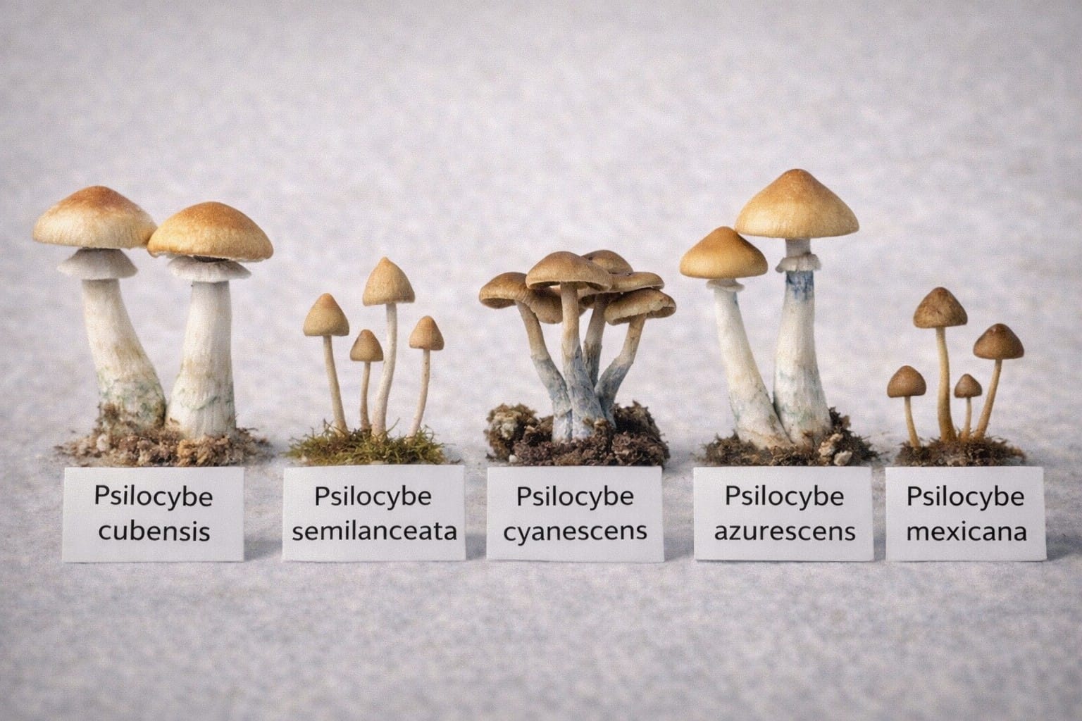 comparison photo of five psilocybin mushroom types with name tags including Psilocybe cubensis, Psilocybe semilanceata, Psilocybe cyanescens, Psilocybe azurescens, and Psilocybe mexicana