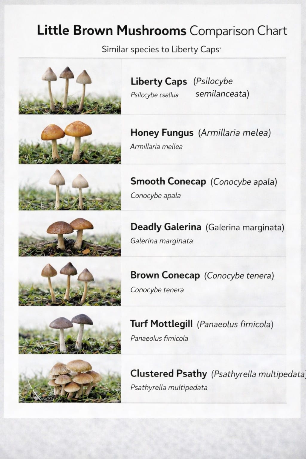 little brown mushrooms comparison chart with photos of liberty caps and similar species in a field-guide style layout