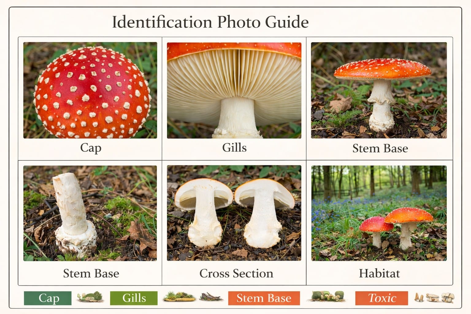 Mushroom identification photo guide showing cap, gills, stem base, cross section and surrounding habitat