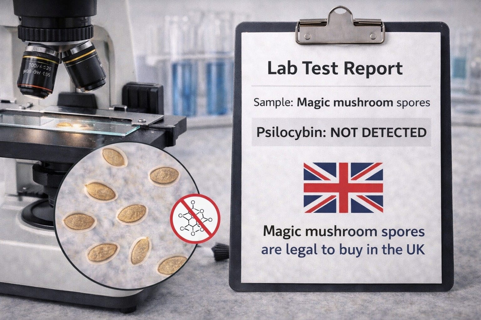 laboratory image of mushroom spores under a microscope with a report stating psilocybin not detected and UK legal context