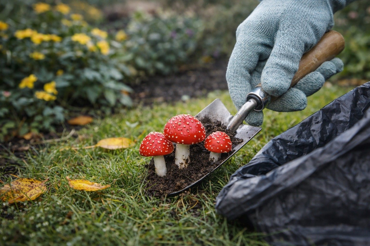 gloved hand safely removing bright red mushrooms from a garden lawn using a small trowel