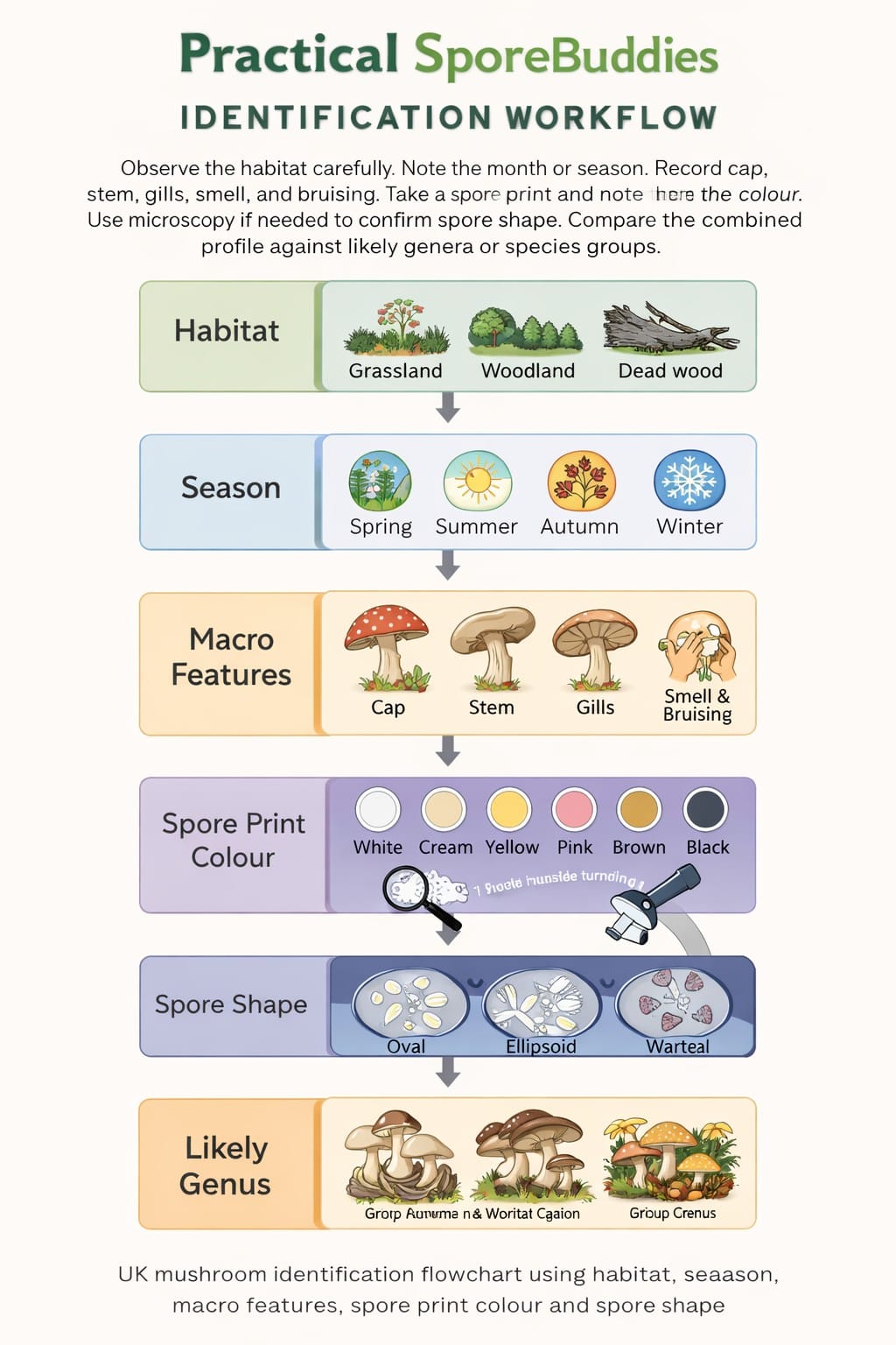 UK mushroom identification flowchart using habitat, season, macro features, spore print colour and spore shape