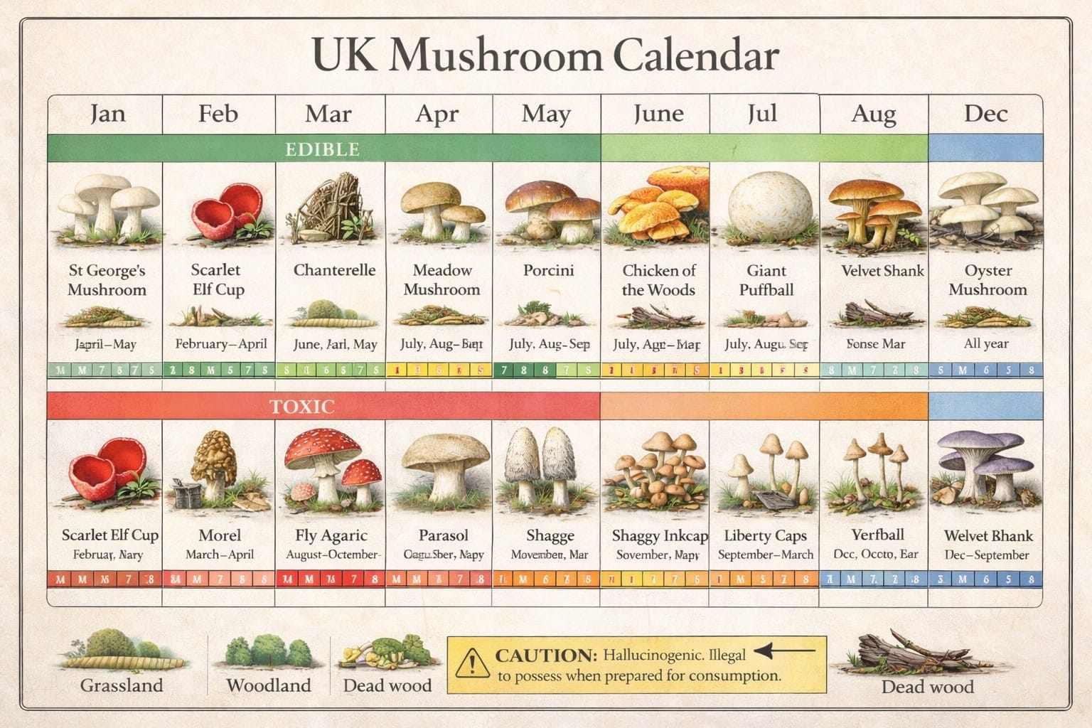 UK mushroom season chart showing common spring, summer, autumn and winter fungi