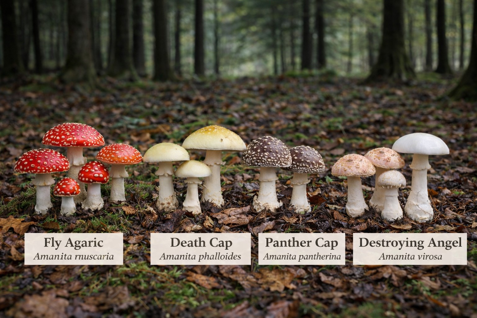 Common woodland mushrooms in UK leaf litter and forest habitats