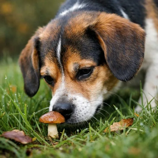 Dog sniffing mushrooms in grass for UK mushroom safety education