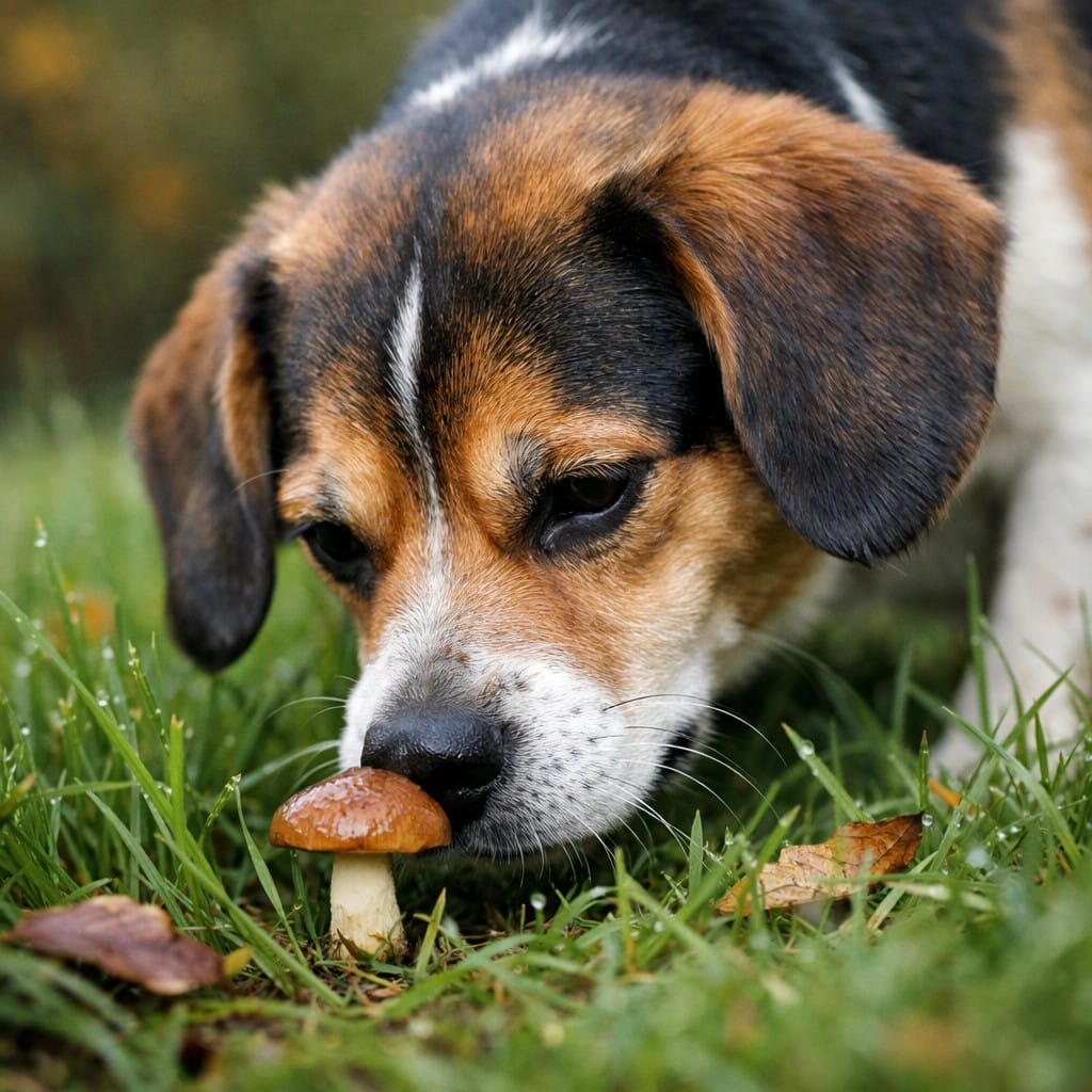 dog sniffing mushroom in grass potential poisoning risk