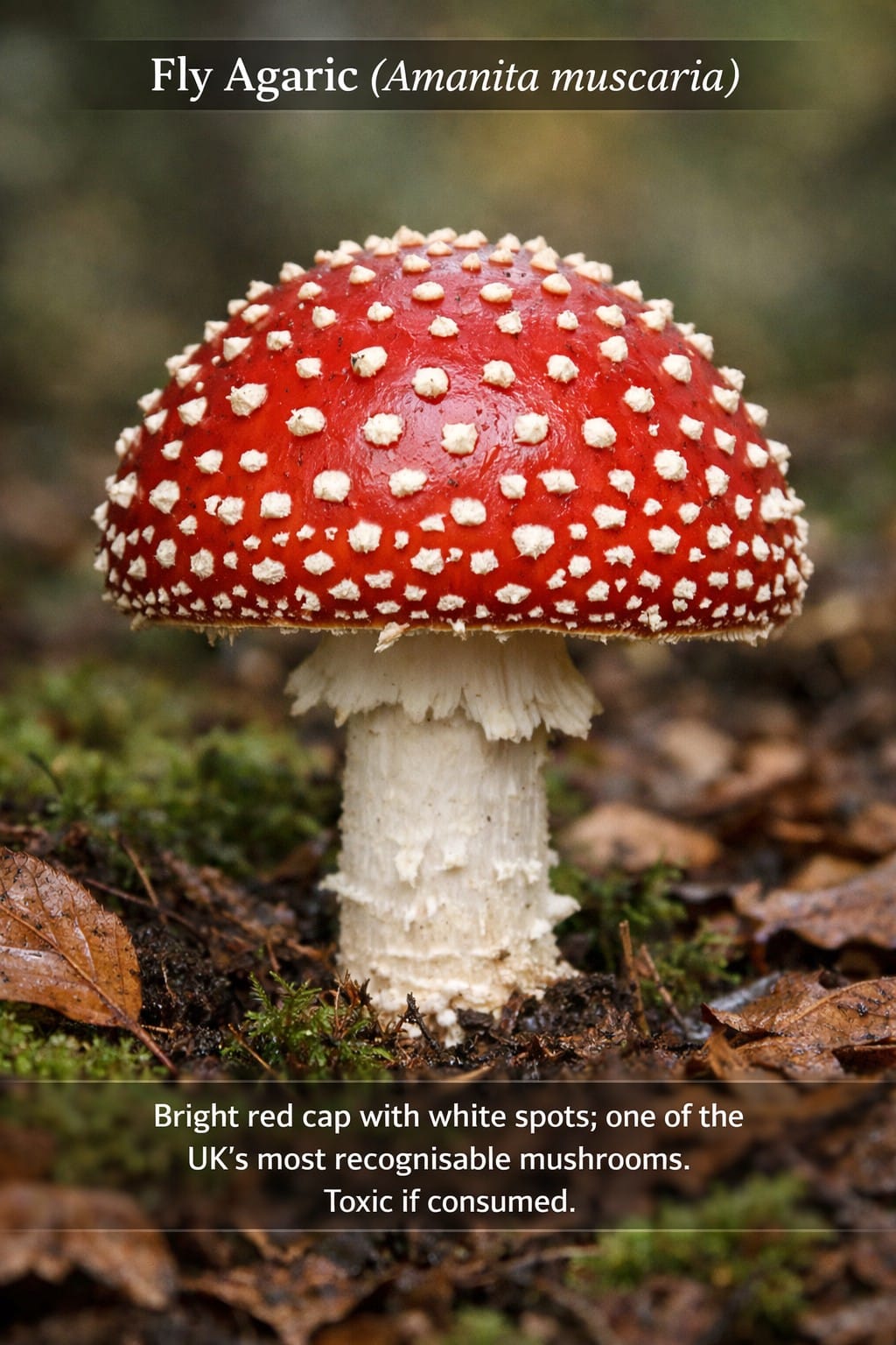 Fly Agaric mushroom UK identification red cap white spots