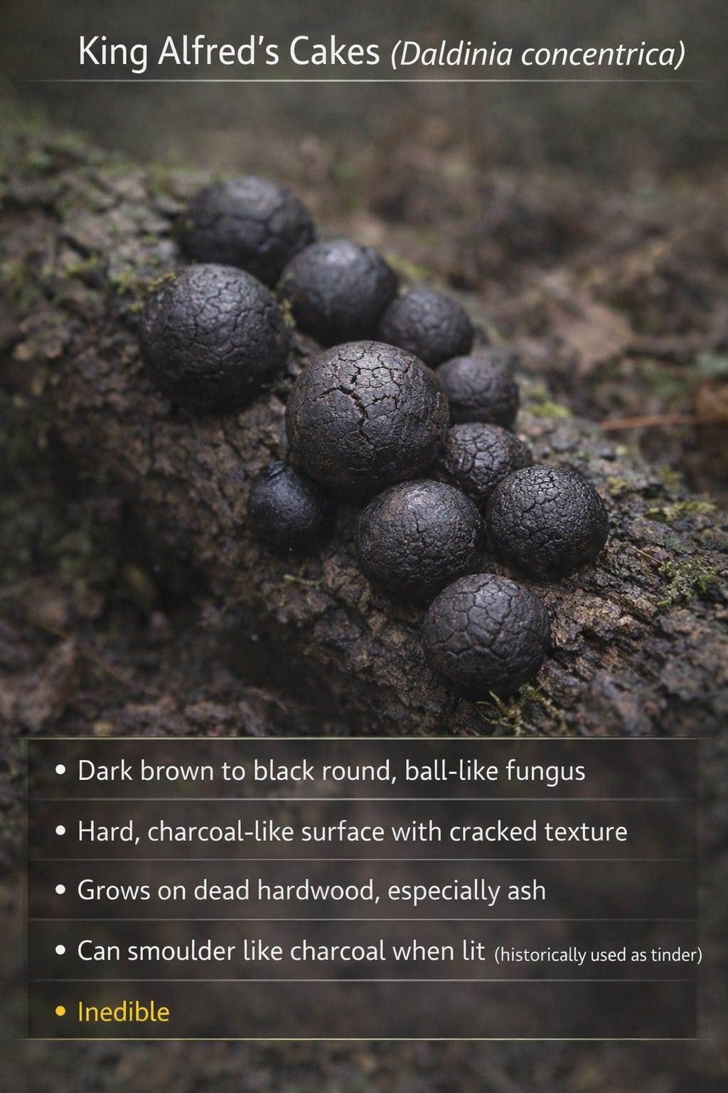King Alfreds Cakes fungus UK dark round fungus wood