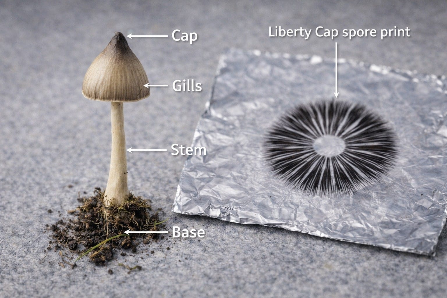 educational image of a labeled liberty cap mushroom beside a seven-point black spore print on aluminum foil