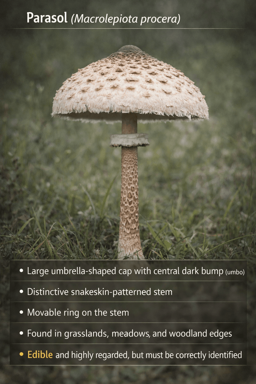 Parasol mushroom UK tall broad cap patterned stem