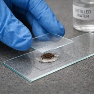 placing cover slip on microscope slide with mushroom spores