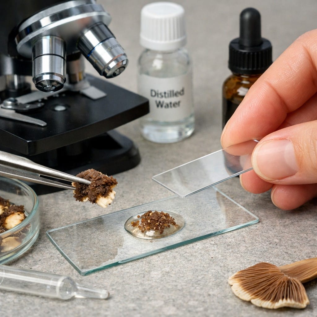 preparing microscope slide for studying mushroom spores