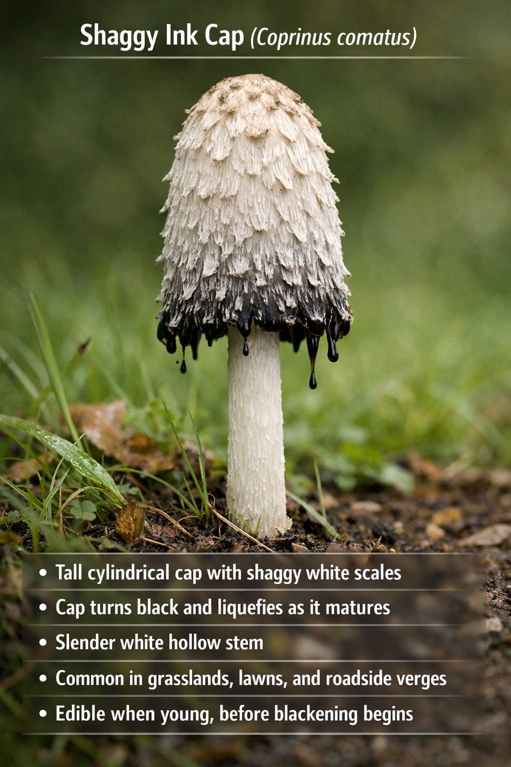 Shaggy Ink Cap mushroom UK identification tall shaggy cap