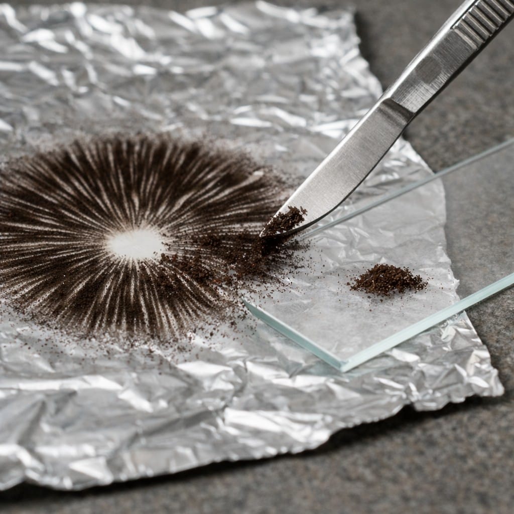 spore print transferred to microscope slide for mycology study