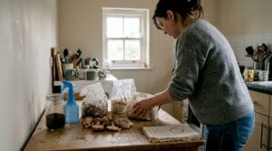Preparing mushroom kits on kitchen table