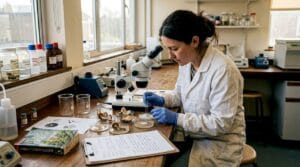 Scientist examining mushroom samples in lab