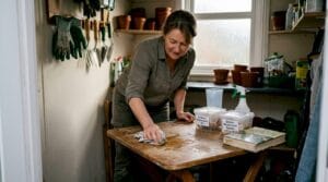 Gardener prepares indoor mushroom growing area