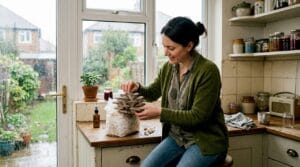 Home grower inspects fruiting mushrooms in kitchen