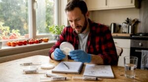 Home cultivator examining mushroom petri dish