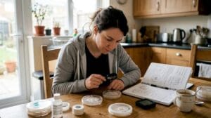 Home grower examining mushroom mycelium at kitchen table