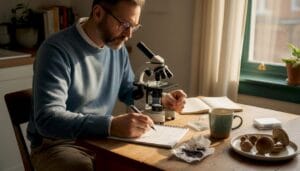 Hobbyist preparing microscope in home workspace