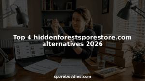 Person comparing mushroom spore supplier kits at desk