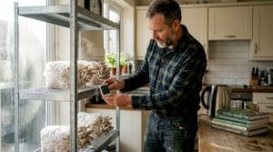 Man tending mushrooms in home kitchen