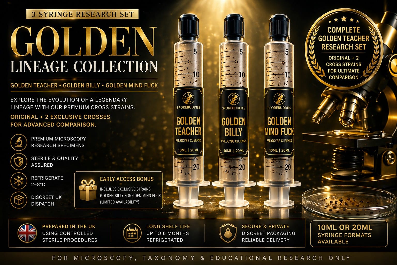 Golden Teacher spores family collection UK microscopy syringes