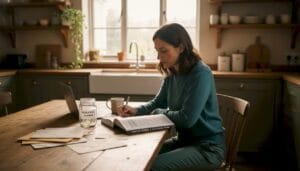 Woman studying legal mushroom spores guide at kitchen table
