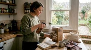 Woman tending oyster mushrooms on kitchen counter