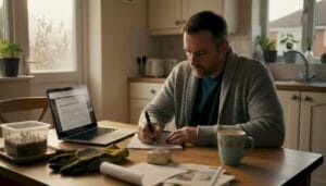 Man researching legal mushroom cultivation at kitchen table