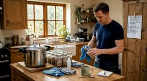 Home workspace preparing mushroom sterilisation jars