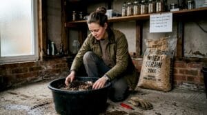 Home grower preparing mushroom substrate in garage