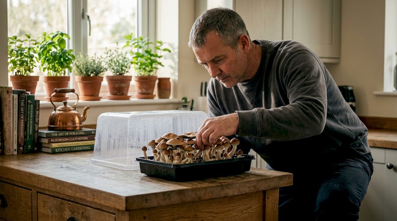 Home cultivator tending kitchen mushroom tray